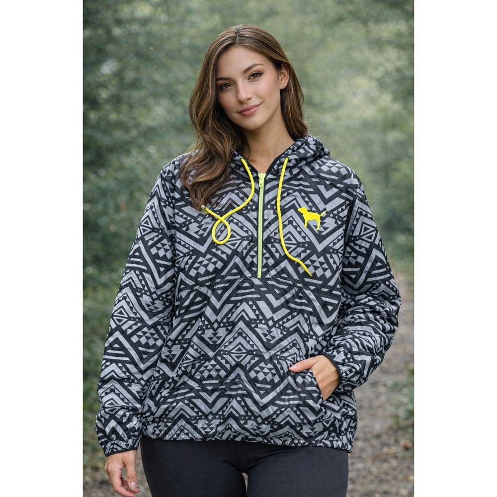 Victoria's Secret‎ PINK Windbreaker Half Zip Pullover Grey Aztec Neon Yellow M